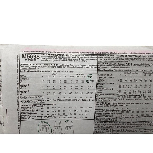 Mccalls M5698 Girls Jumpers Sewing Pattern Sizes 7-14 2006 - Picture 3 of 6